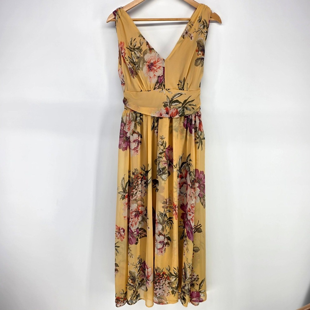 Filly Flair Maxi Dress‎ Womens Medium Yellow Floral V-Neck Chiffon Boho Summer